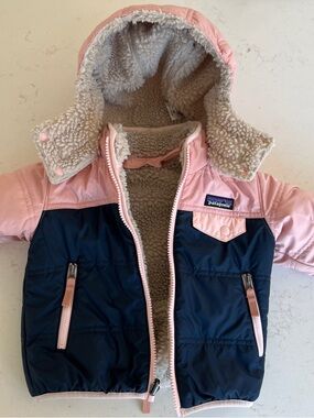 Patagonia Kids Two-Tone Hooded Puffer Jacket in Pink and Navy